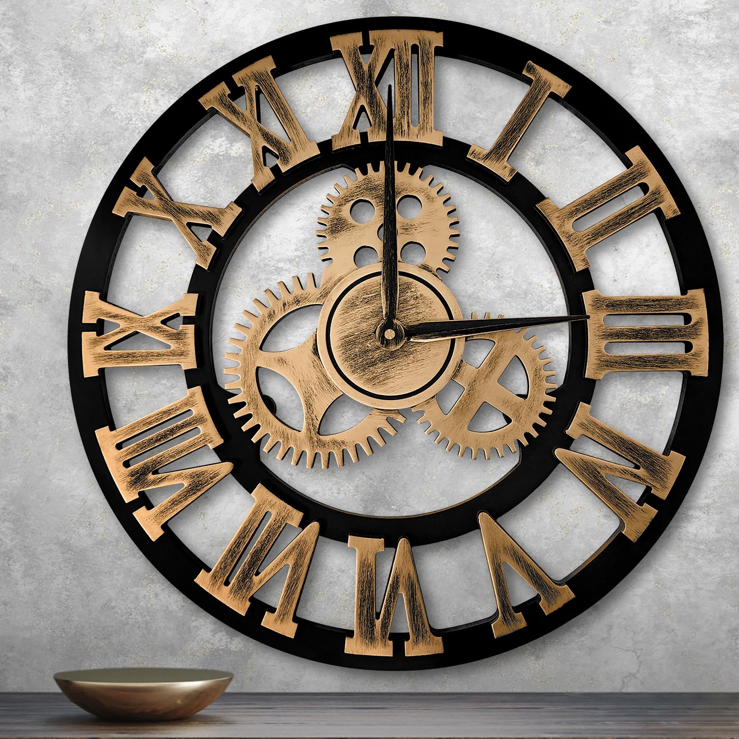 58cm Reloj de Pared Grande, Vintage Reloj Pared con Números Romanos Silencioso no Hace tictac, Relojes de Pared de Madera para Sala de Estar, Dormitorio, Oficina, Cocina (Oro, 58CM)