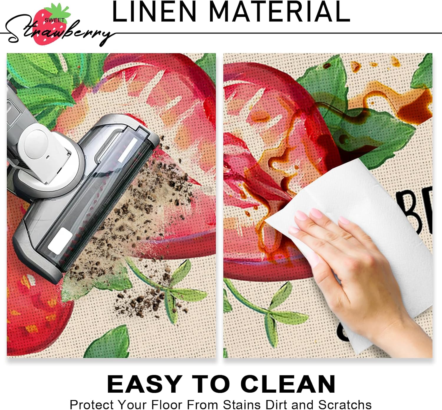 Spring Summer Strawberry Kitchen Rugs Set of 2, Berry Sweet Fruit Bee Kitchen Mats Decor, Live Happy Seasonal Floor Door Mat Home Decorations - 17x29 and 17x47 Inch