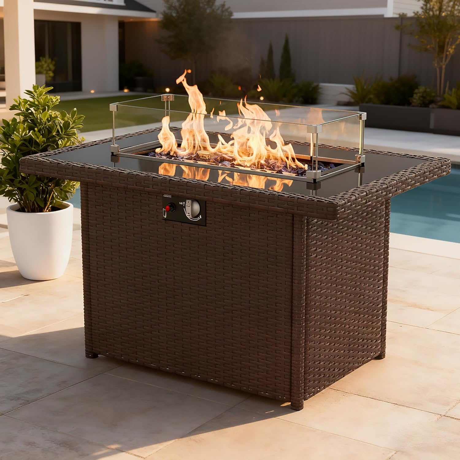 Propane Fire Pit Table, 44" Outdoor Gas Fire Pit with Glass Wind Guard & Waterproof Cover