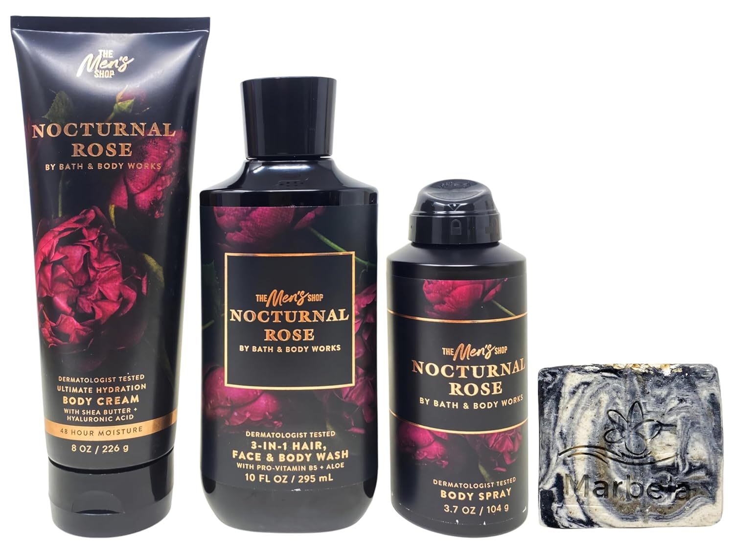 Bath & Body Works The Men's Collection Nocturnal Rose Ultimate Hydration Body Cream, 3-in-1 Hair, Face & Body Wash and Body Spray with a Charcoal Scrub Bar Soap