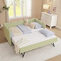 KEIKI Twin Daybed with Trundle & USB - Cute Wave Green Linen Sofa Bed, Easy Assembly, Twin to King for Bedroom & Living Room