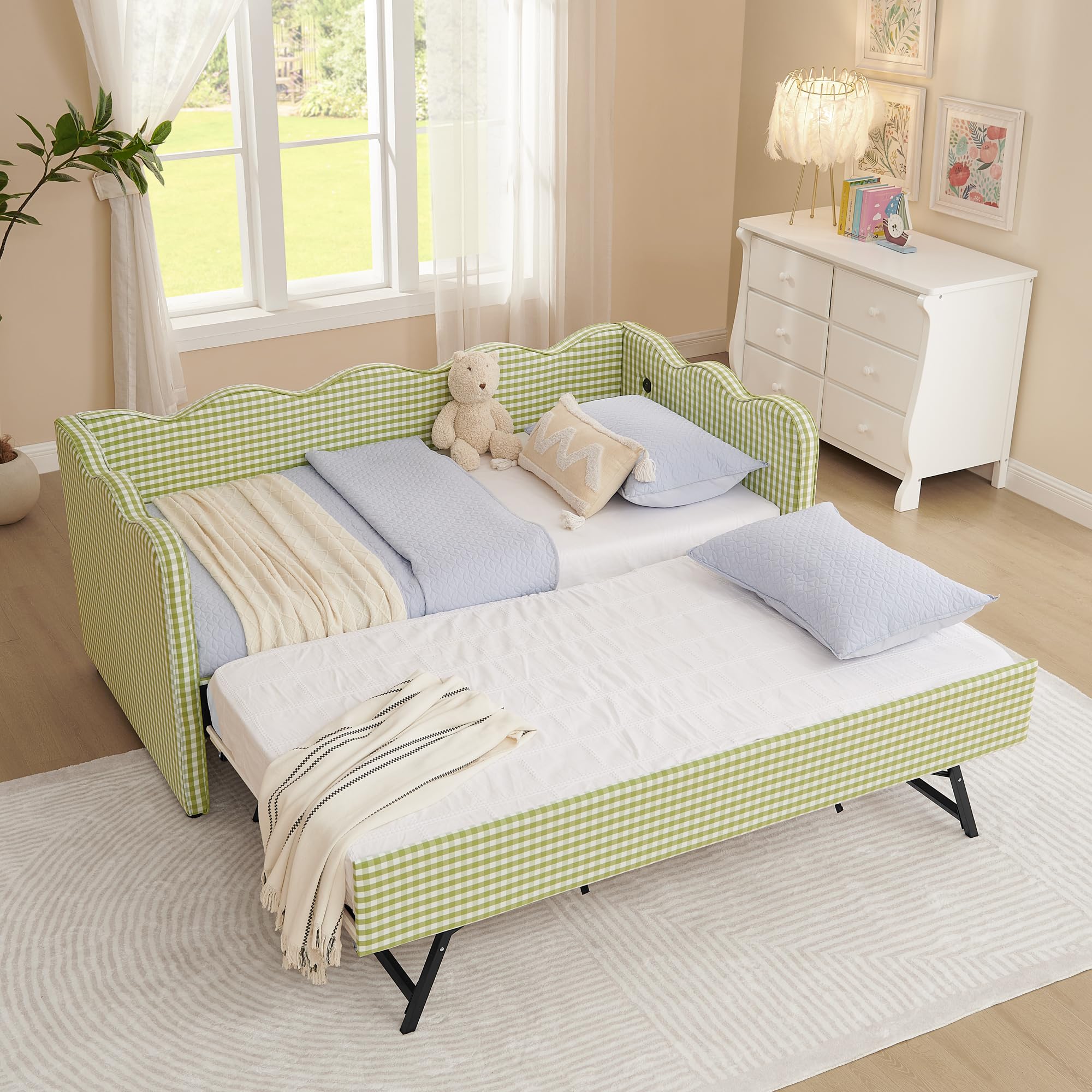 Photo 1 of KEIKI Twin Size Upholstery Daybed with Trundle and USB, Twin to King Design Adorable Wave Shaped Extendable Linen Sofa Bed, Easy Assembly, No Box Spring Required, for Living Room and Bedroom, Green