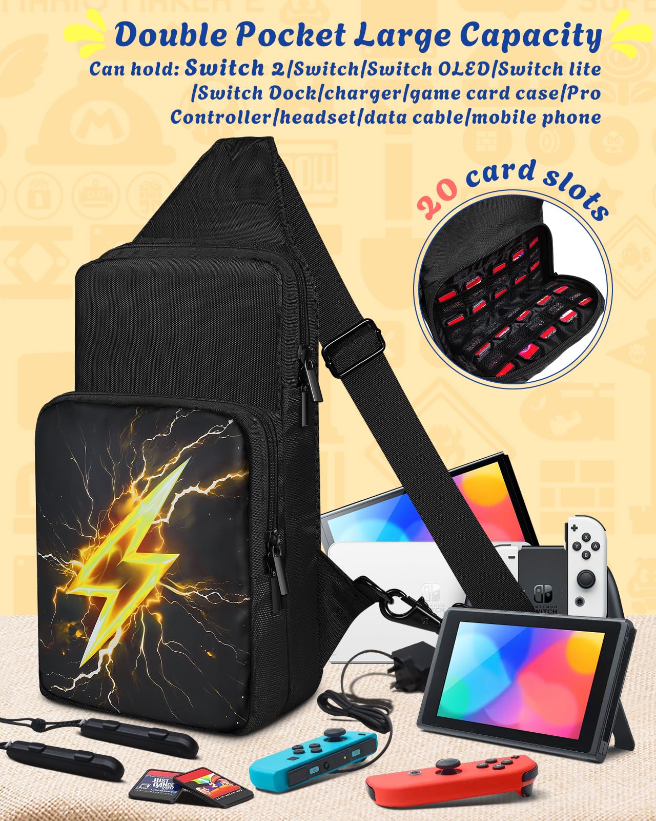 Reisetasche für Nintendo Switch 2/Switch/Lite/OLED – niedlicher Sling Crossbody Rucksack für Nintendo Zubehör Aufbewahrung, Blitz-Muster, Small, Niedlich
