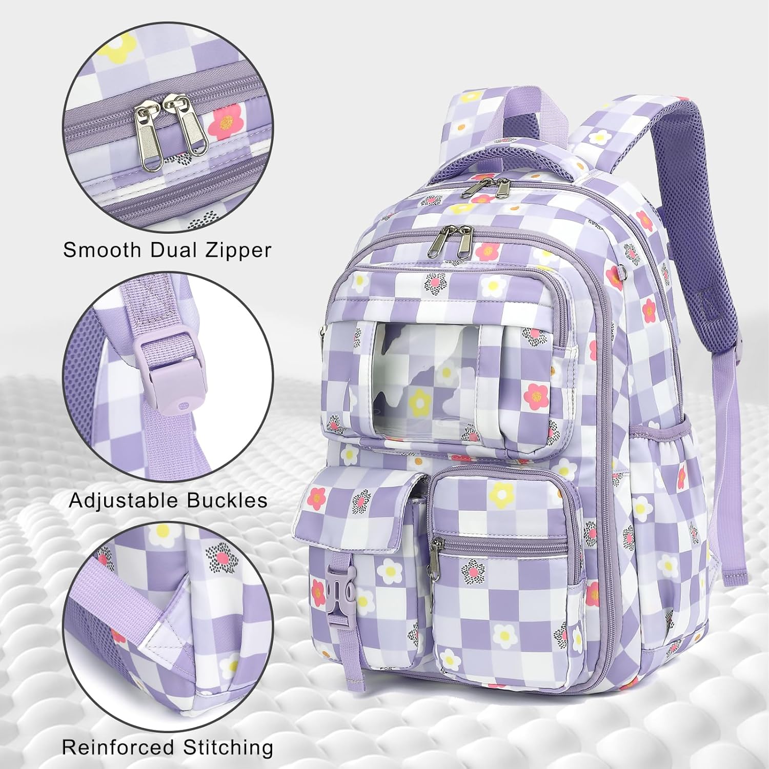 Flowers Checkered Purple School Backpack for Girls, 3-in-1 Kids Bookbag Set School Bags Back Pack with Lunch Box and Pencil Bag