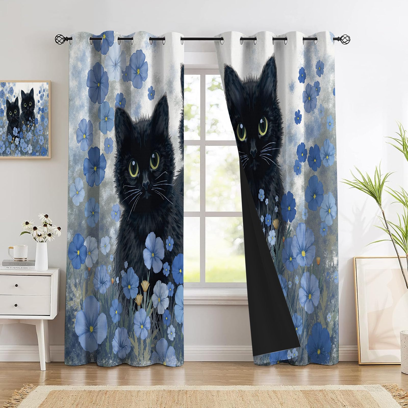 90% Blickdichte Vorhänge Aquarellblumen Katze, Thermo Verdunklungsvorhänge Mit Ösen, Blaugrau Rustikales Tier Fenster Gardinen Wohnzimmer Schlafzimmer Deko, 2Er Set H160Xb140Cm