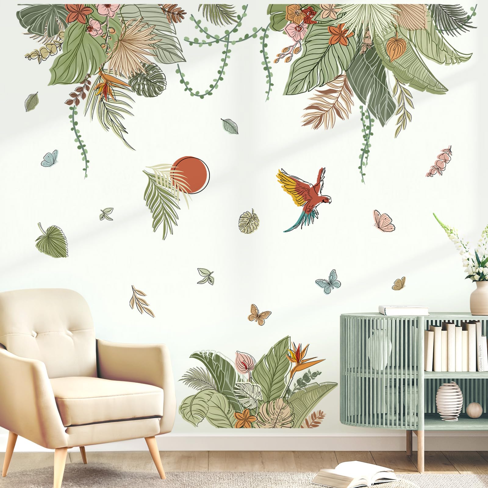 decalmile Boho Tropical Leaves Wall Decals Bohemian Floral Hanging Vine Plants Wall Stickers Living Room Bedroom TV Background Wall Decor