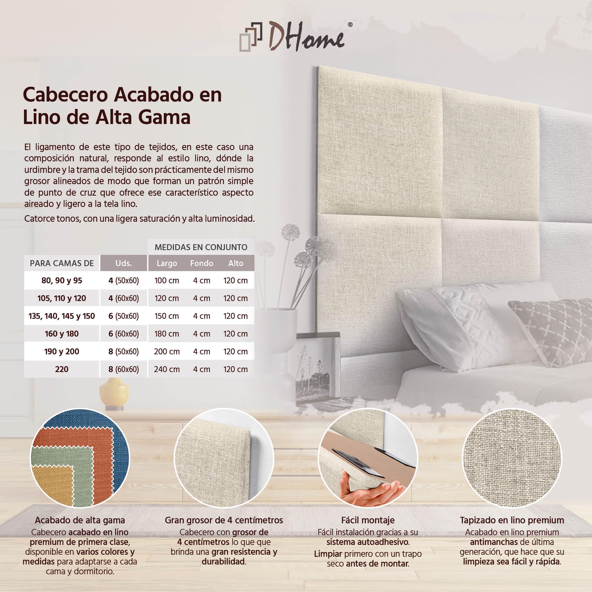 DHOME Cabecero Tapizado Compuesto de Paneles Autoadhesivos Intercambiables de Lino Natural Cama Lujo Dormitorio Acolchado (Beige, 150cm)