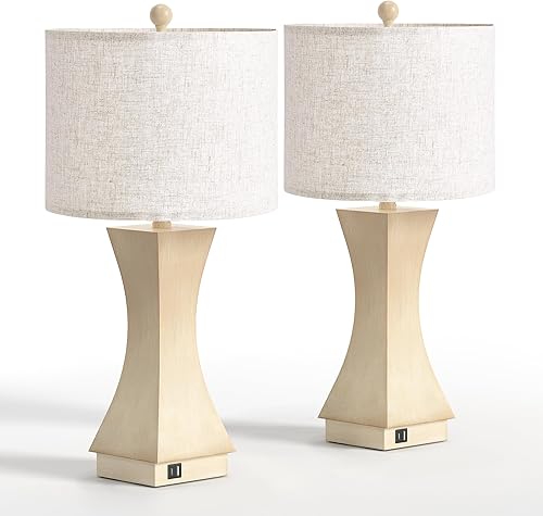 Miniatura 8 de Juego de 2 lámparas de mesa modernas de 24.5 pulgadas, lámparas de noche regulables de 3 vías con carga USB C y A, lámparas de mesa de noche de