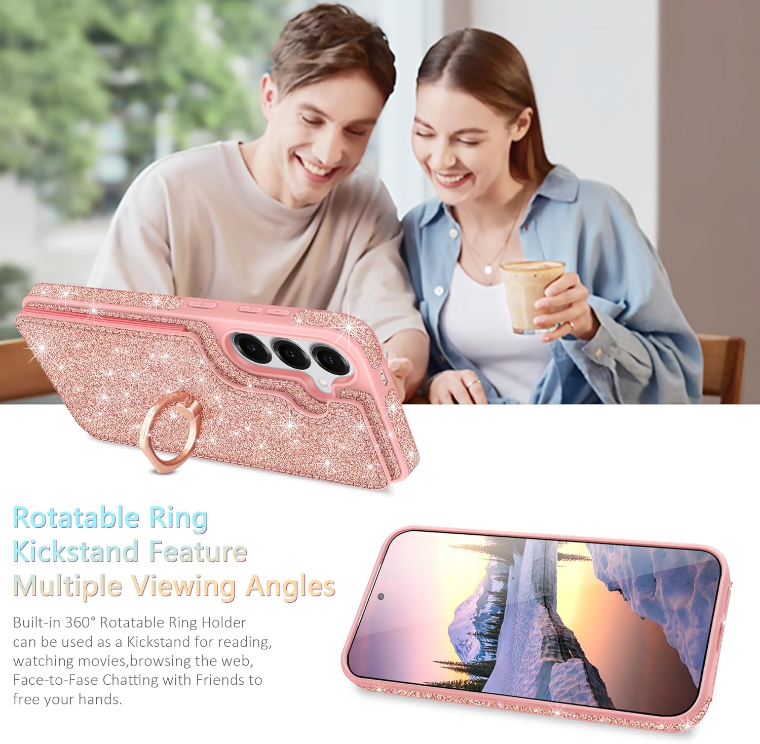 for Galaxy S25 Case Wallet,with [Screen Protector + Camera Lens Protector] Glitter 5 Card Holder & 360°Rotation Ring Stand Shockproof Cover for Samsung Galaxy S25,2025,Rose Gold