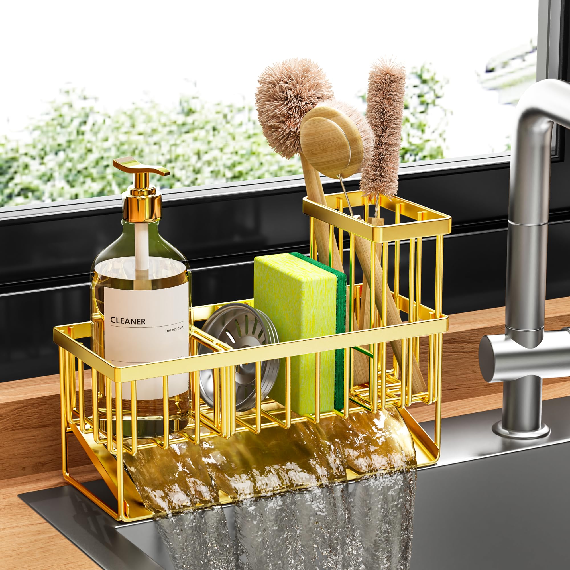 Cisily Gold Kitchen Sink Caddy Organzier with High Brush Holder Sponge Holder for Sink 304 Rustproof Stainless Kitchen