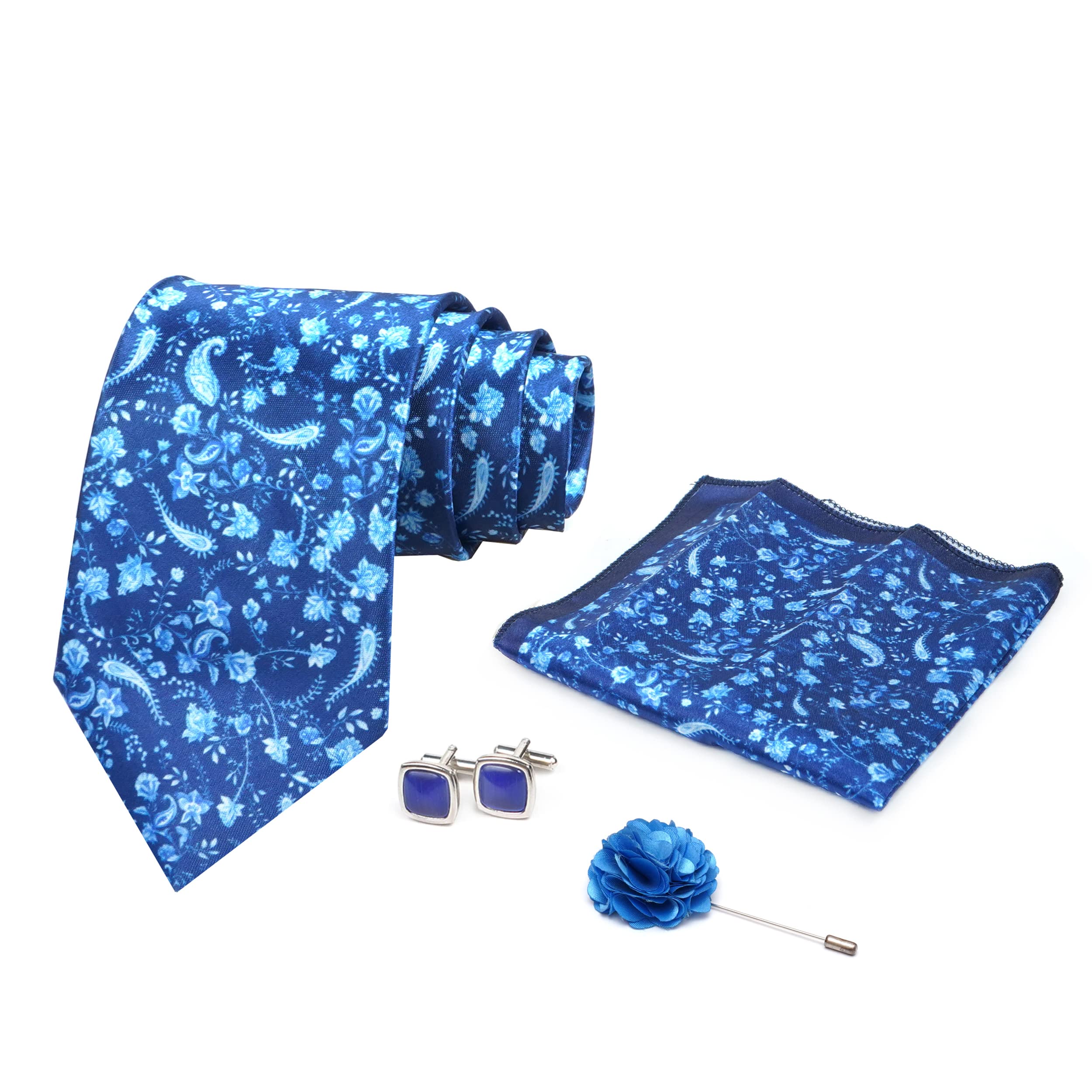 Mens Plaid Micro Self Silk Necktie Gift Set With Pocket Square Cufflinks & Brooch Pin Tie for Men Formal Tie Set with Box (Pack of 4) (Blue, 2022AX_18)-image-31