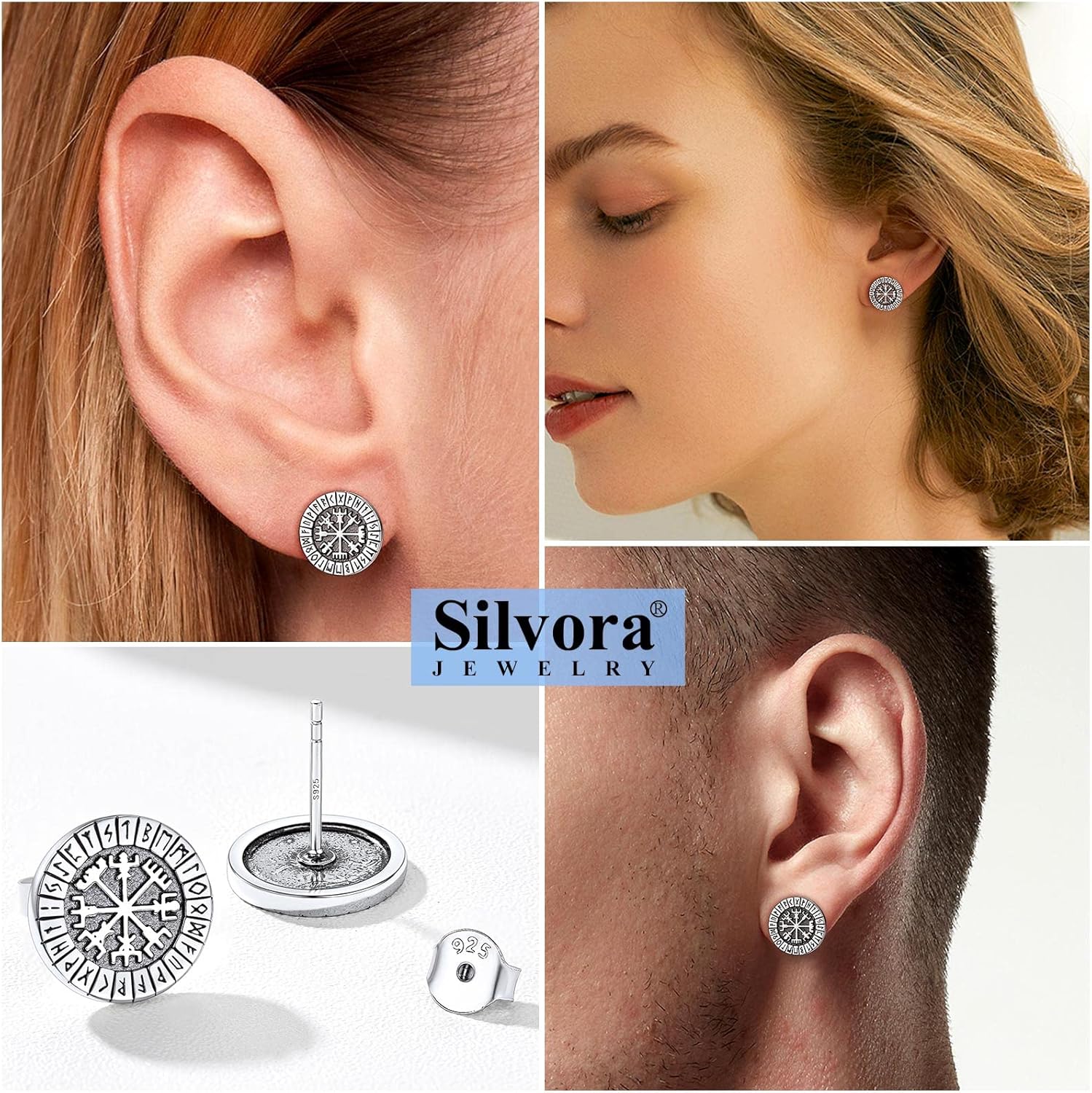 Viking Compass Studs Earrings for Men Women Sterling Silver Vintage Norse Vegvisir Runic Jewelry Birthday Graduation Gift
