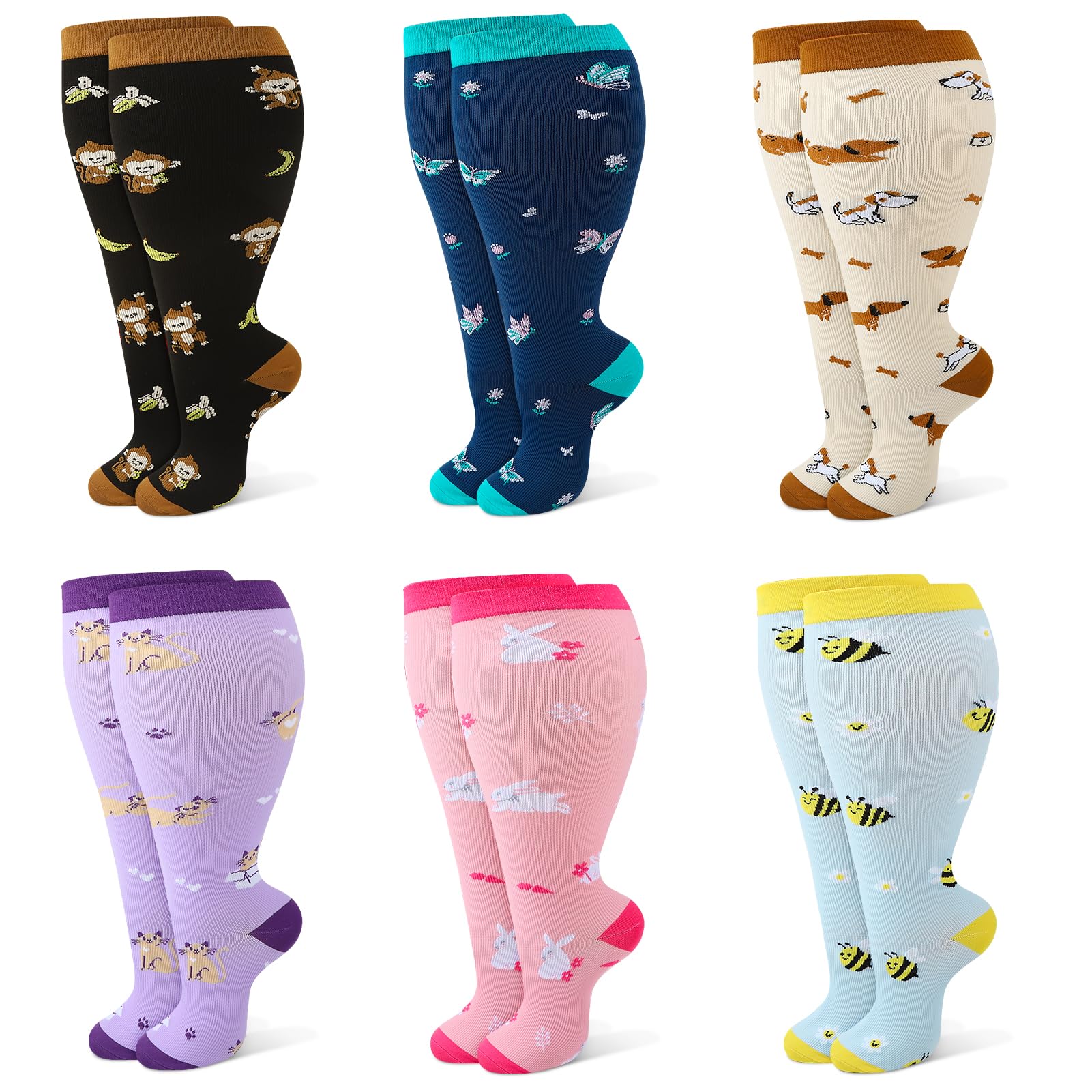 Photo 1 of Jspupifip 6 Pairs Plus Size Compression Socks for Women Animal Wide Calf Extra Large Plus Size Compression Socks Knee High Support for Travel Yoga Circulation, Pink Purple White Blue Black, XXL