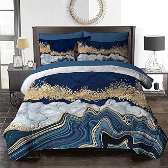 BlessLiving Marble Comforter Grey Navy Blue & Gold Modern Bed in A Bag 8 Pieces for Full Beds - 1 Comforter, 2 Pillow Shams, 1 Flat Sheet, 1 Fitted Sheet, 1 Decorative Pillow Cover, 2 Pillowcases