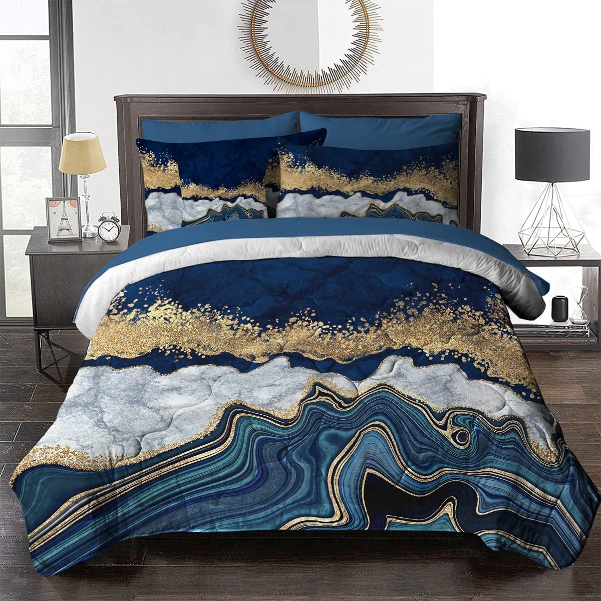 BlessLiving Marble Comforter Grey Navy Blue & Gold Modern Bed in A Bag 8 Pieces for King Beds - 1 Comforter, 2 Pillow Shams, 1 Flat Sheet, 1 Fitted Sheet, 1 Decorative Pillow Cover, 2 Pillowcases