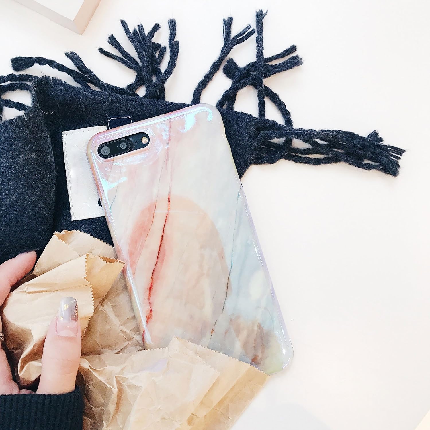 J.west iPhone 8 Plus Case, iPhone 7 Plus Case, Marble Design Shiny Bumper Slim TPU Soft Rubber Silicone Cover Anti-Scratch Thin Back Protective Phone Case for Apple iPhone 7 Plus / 8 Plus Coral