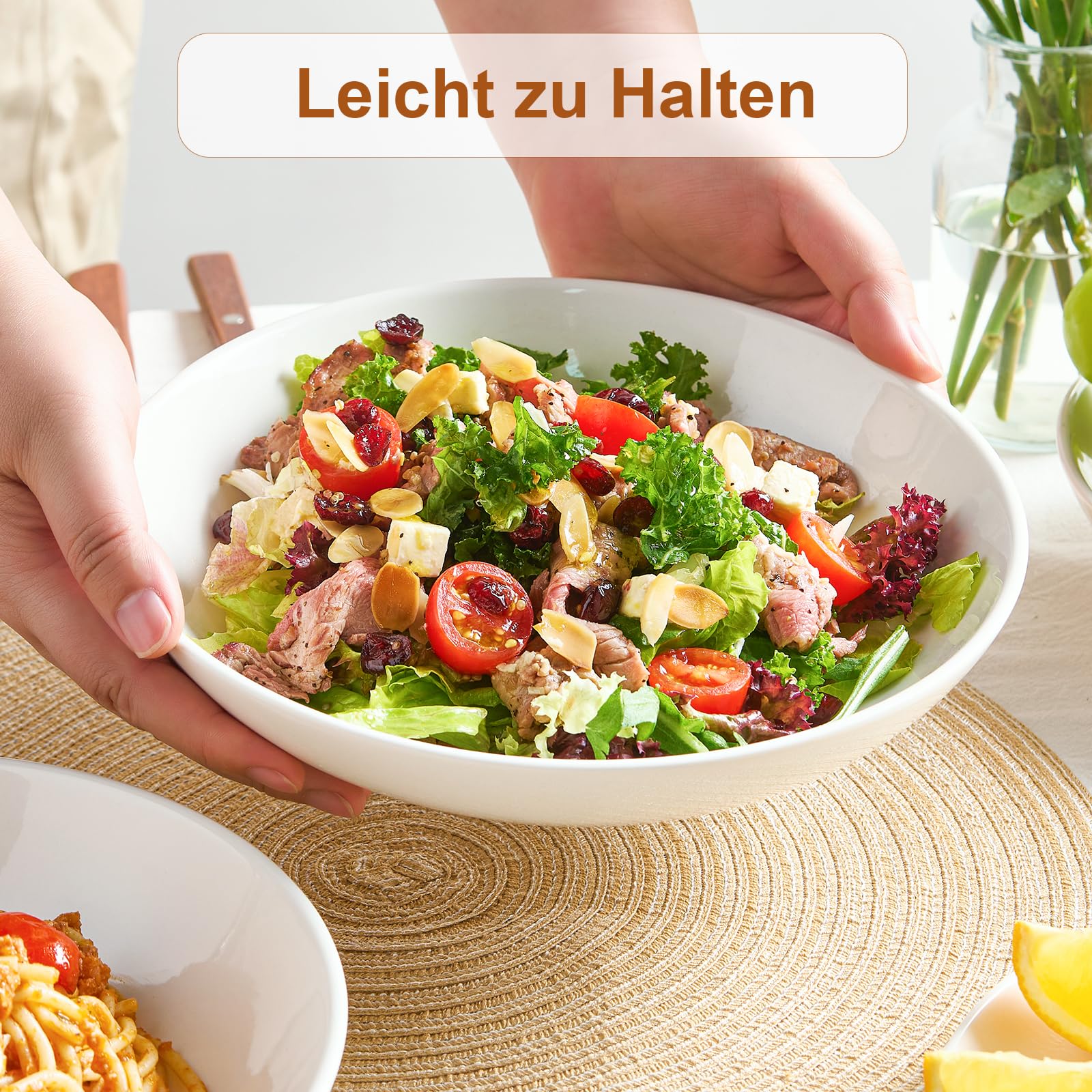 25cm Pastateller 4er Set, 1400ml große Porzellan Keramik Nudelteller, Pastaschale für Müsli Suppe Steak Nudel Breite Küche Geschirr Teller - Mikrowelle Ofen Geschirrspüler Sicher 9,84" Groß Tief Weiß