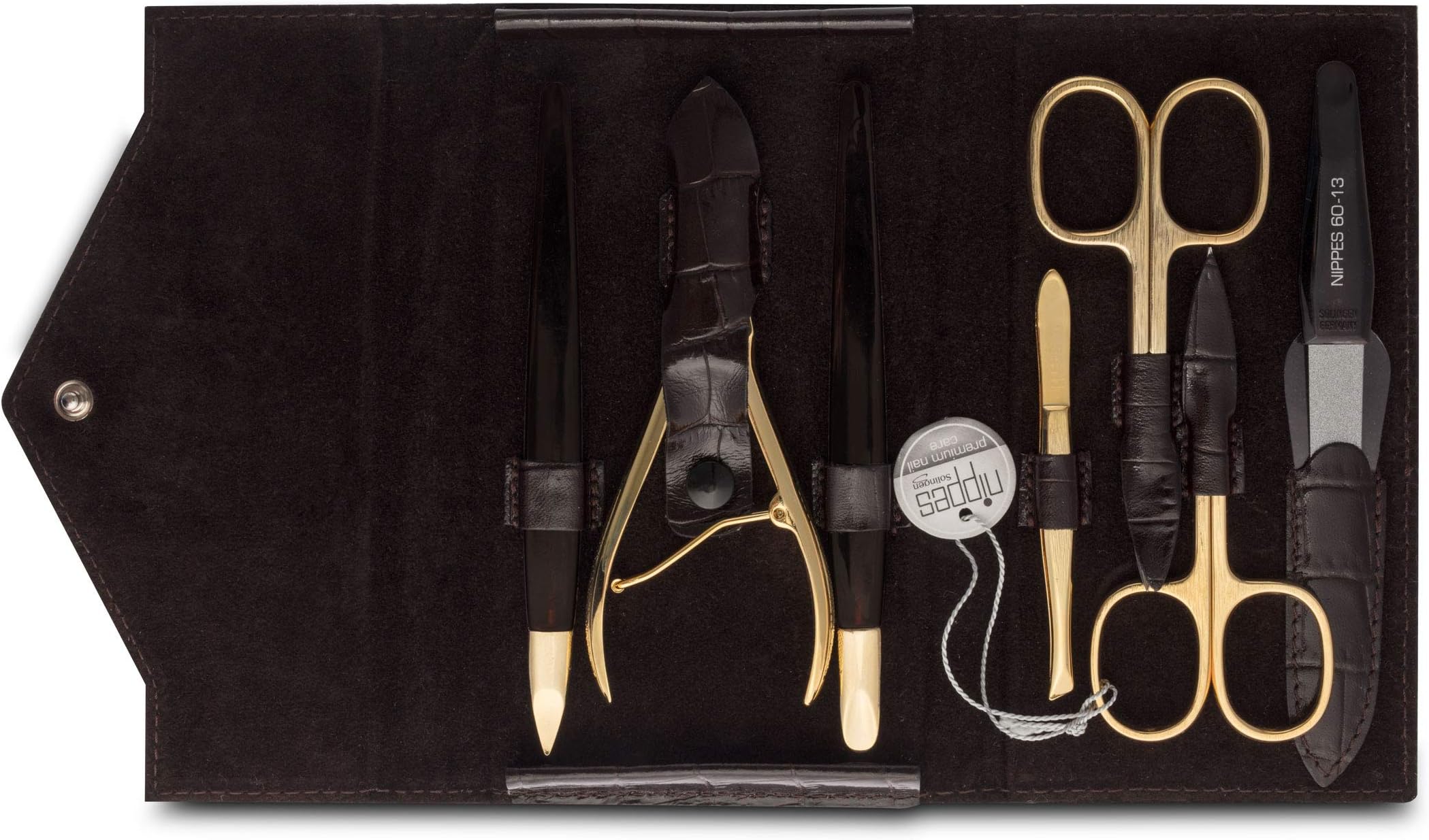 Nippes Solingen Manicure Set, 7-Pieces, Gilded Instruments, Genuine Cowhide Leather Case in Crocodile Design