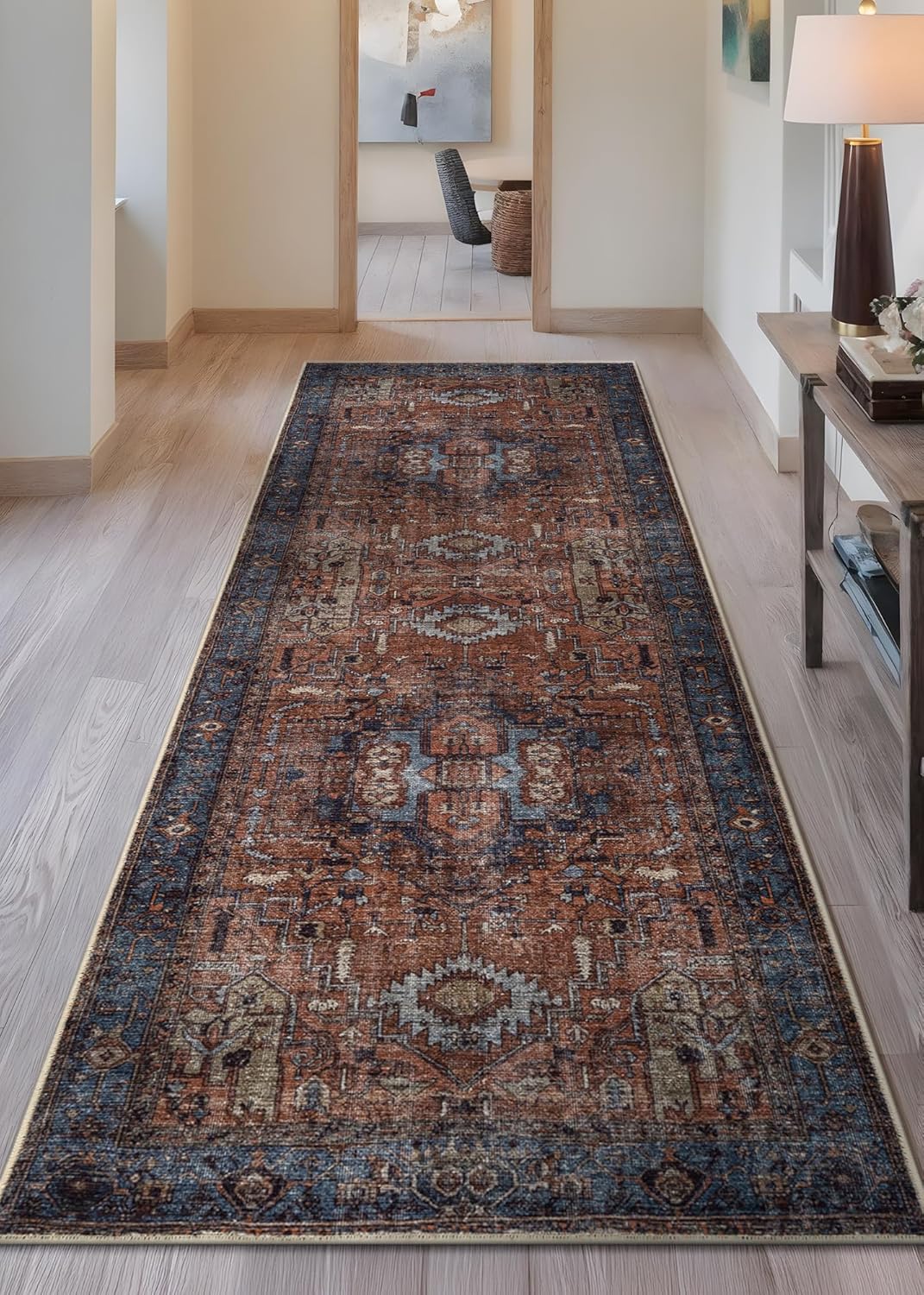 Bloom Rugs Washable 7 ft Runner - Terracotta/Blue Traditional Runner for Entryway, Hallway, Bathroom, and Kitchen - Exact Size: 2.5' x 7'