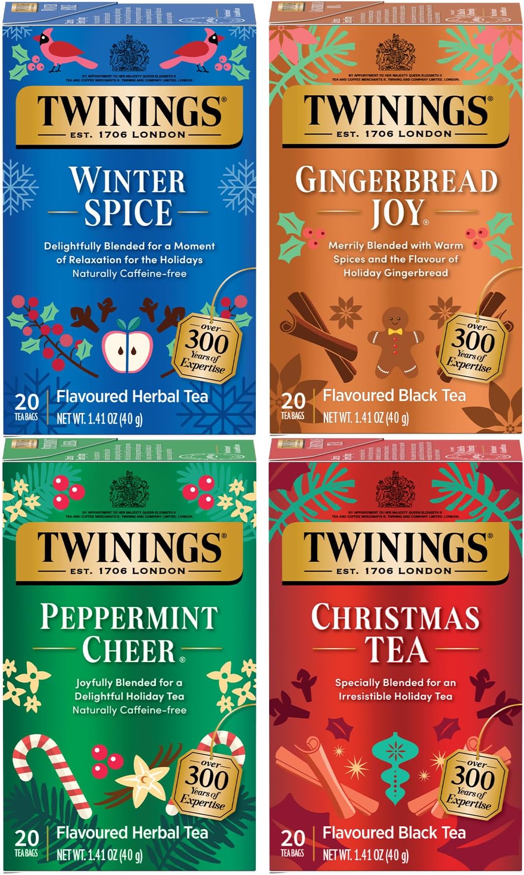 Twinings Holiday Variety Pack Tea Bags, Christmas Tea, Winter Spice, Gingerbread Joy, Peppermint Cheer, 20 Count (Pack of 4), Enjoy Hot or Iced, 80 Teabags