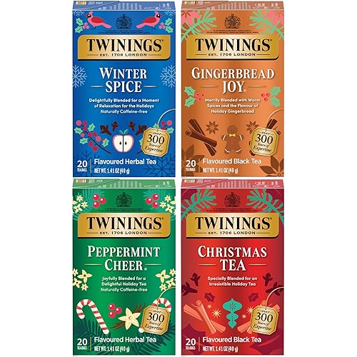 Twinings Holiday Variety Pack Tea Bags, Christmas Tea, Winter Spice, Gingerbread Joy, Peppermint Cheer, 20 Count (Pack of 4), Enjoy Hot or Iced, 80 Teabags