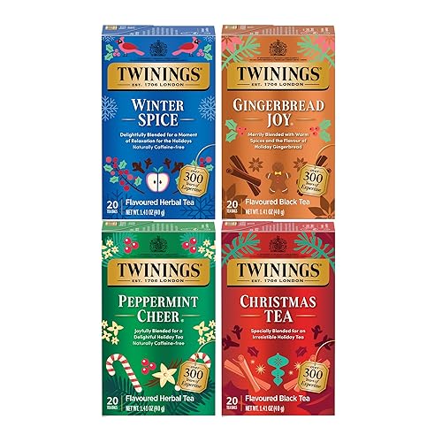 Twinings Holiday Variety Tea - Bolsa con tés surtidos, Christmas Tea, Winter Spice, Gingerbread Joy y Peppermint Cheer, 20 unidades (paquete de 4)