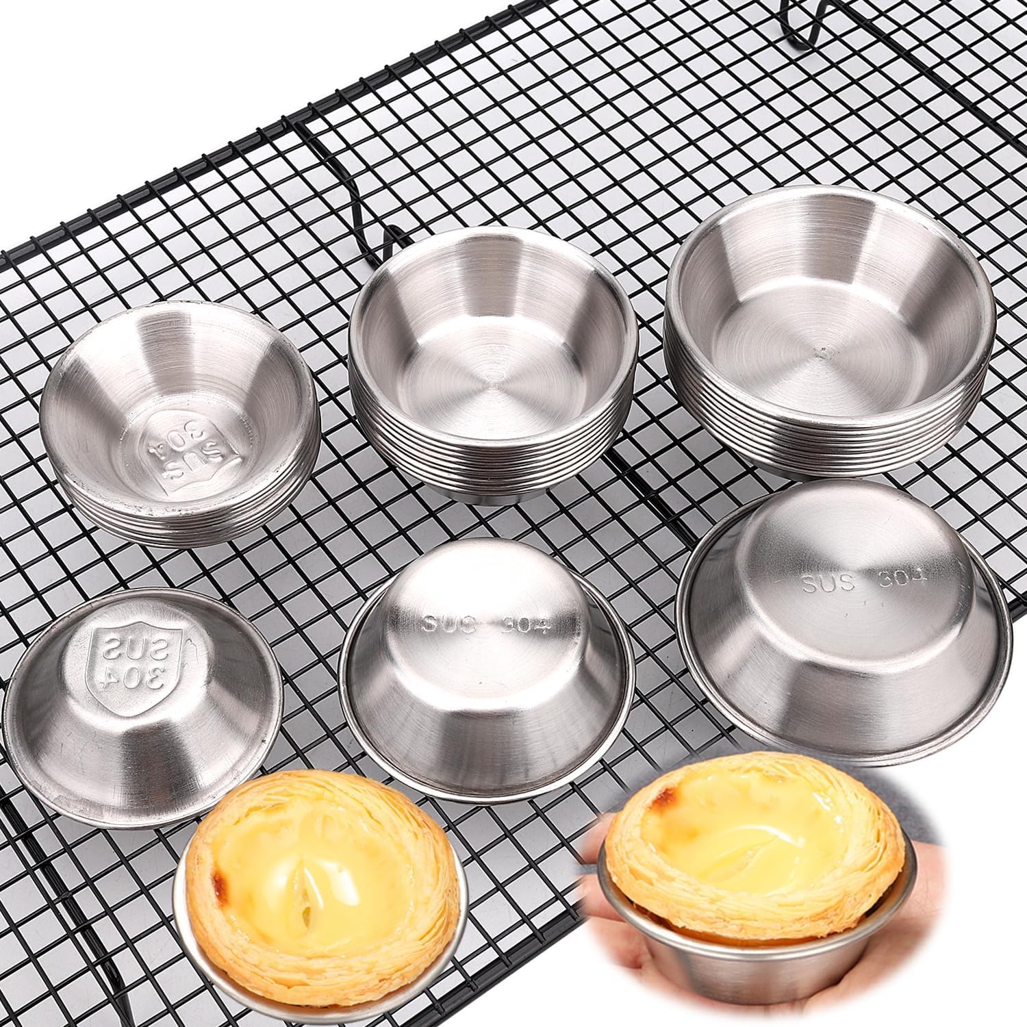 3 Sizes Round 304 Stainless Steel Egg Tart Molds Pudding Tin Cheese Pan Bowl Cake Holder For DIY Baking Accessories (30pcs(10pcs for each size))
