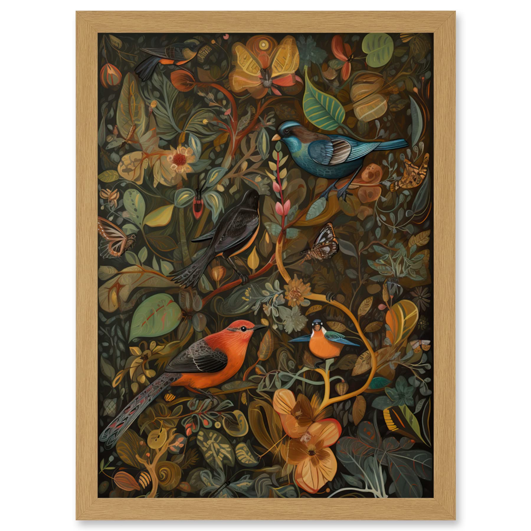 Artery8 Birds and Butterflies on Autumnal Tree Folk Art Artwork Framed Wall Art Print A4