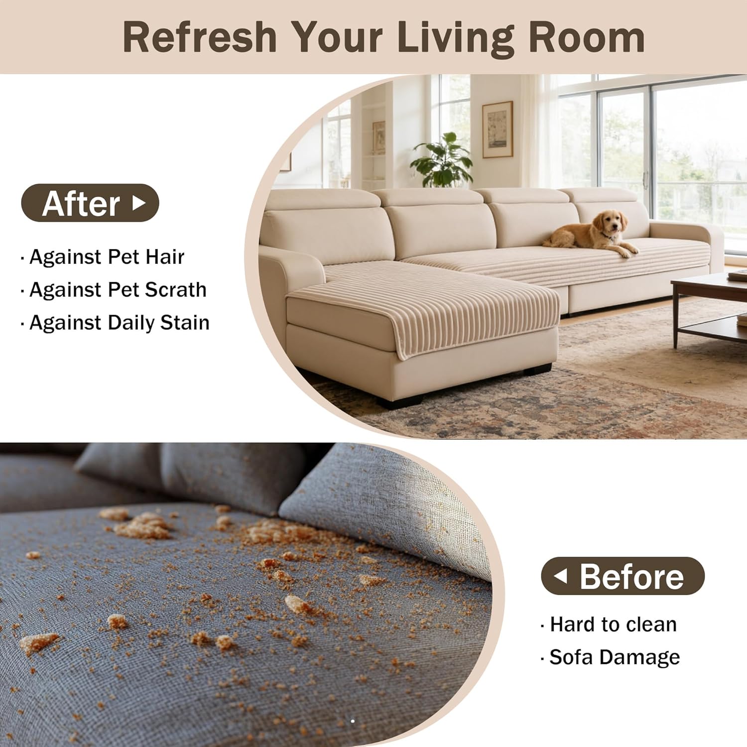 MEETSKY 100% Waterproof Sectional Couch Covers, 2 Pieces Washabl Non Slip Sofa Cover for 3 Cushion Couch, Pet Couch Cover for L Shape, Furniture Protector for Dogs, Khaki,XX-Large, 35"x70.9"+35"x70.9"