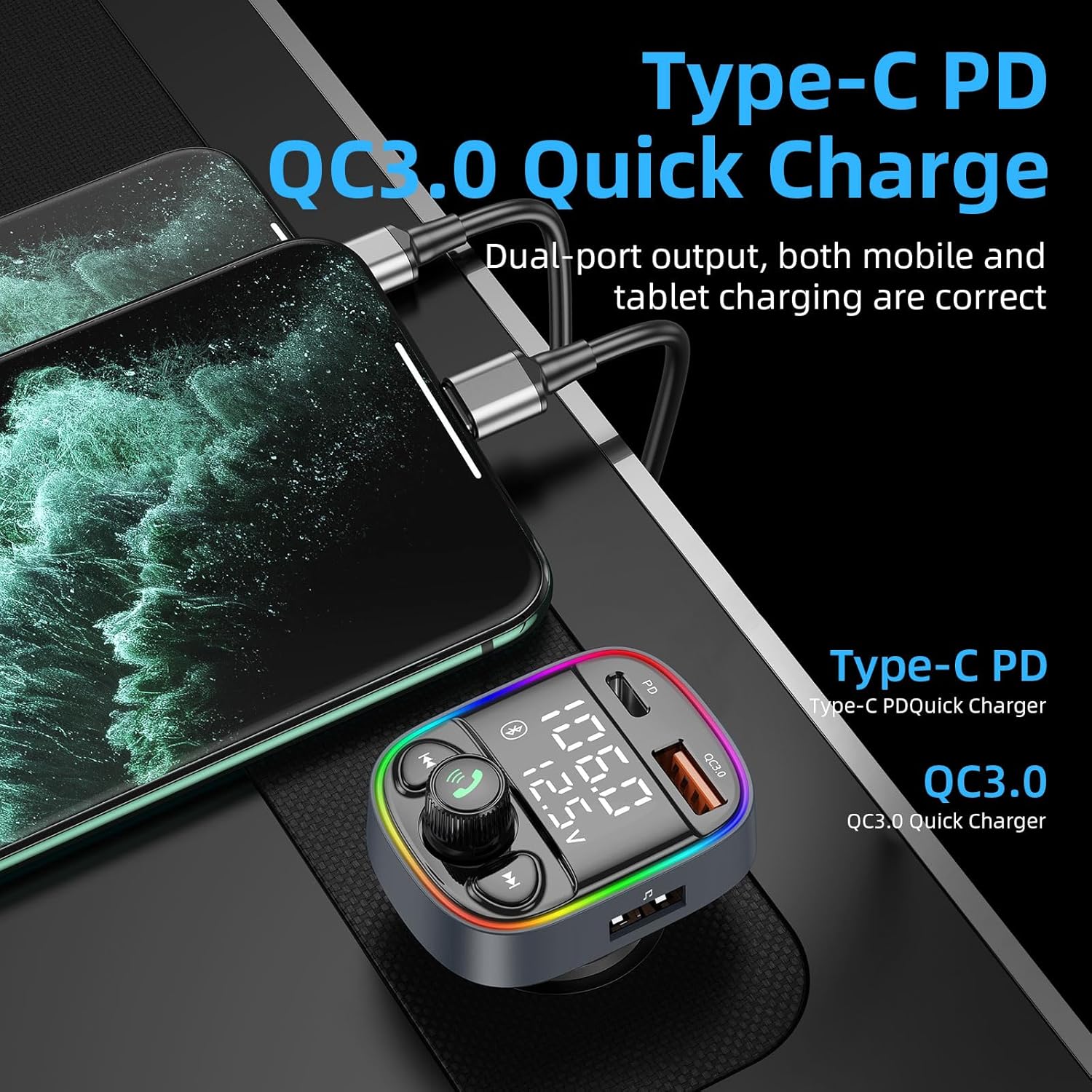 Bluetooth Car Adapter, Wireless FM Transmitter Bluetooth for Car with 7 Color LED Backlit, QC 3.0 & Type-C PD Fast Charging, Hands Free Calling, Support U Disk & TF Card Bluetooth Car Adapter, Wireless FM Transmitter Bluetooth for Car with 7 Color LED Backlit, QC 3.0 & Type-C PD Fast Charging, Hands Free Calling, Support U Disk & TF Card