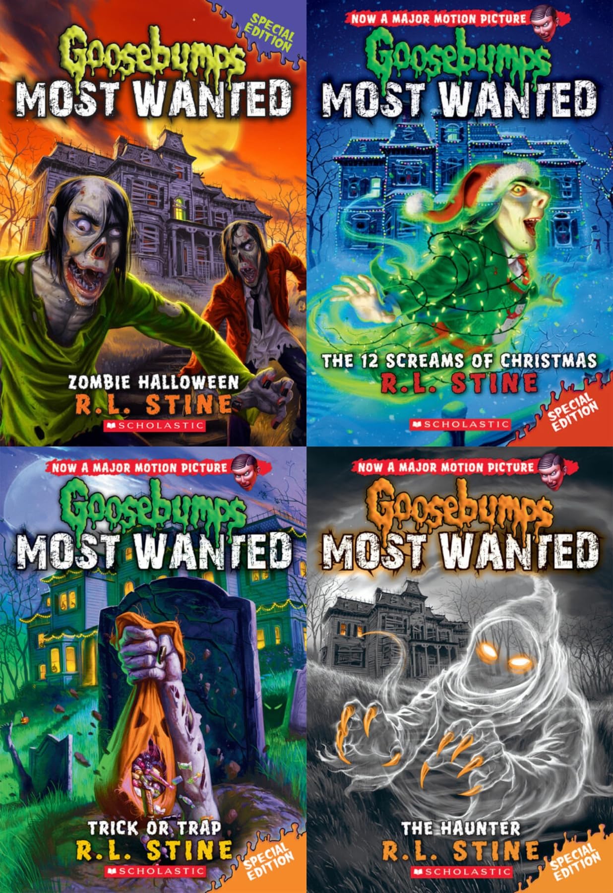 Goosebumps Most Wanted: Special Edition 4-Book Set by R.L. Stine - Zombie Halloween, The 12 Screams of Christmas, Trick or Trap, The Haunter - Thrilling Children's Horror Collection
