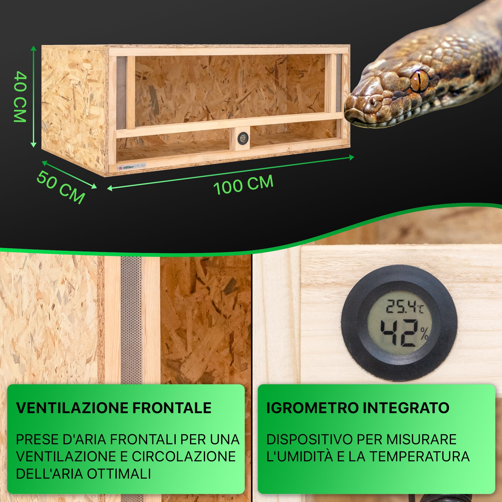 ITA Terrario in legno 100x50x40 cm con ventilazione frontale e igrometro integrato - Terrario in legno OSB-3 - Per rettili, serpenti, anfibi - Prodotto UE, certificato FSC