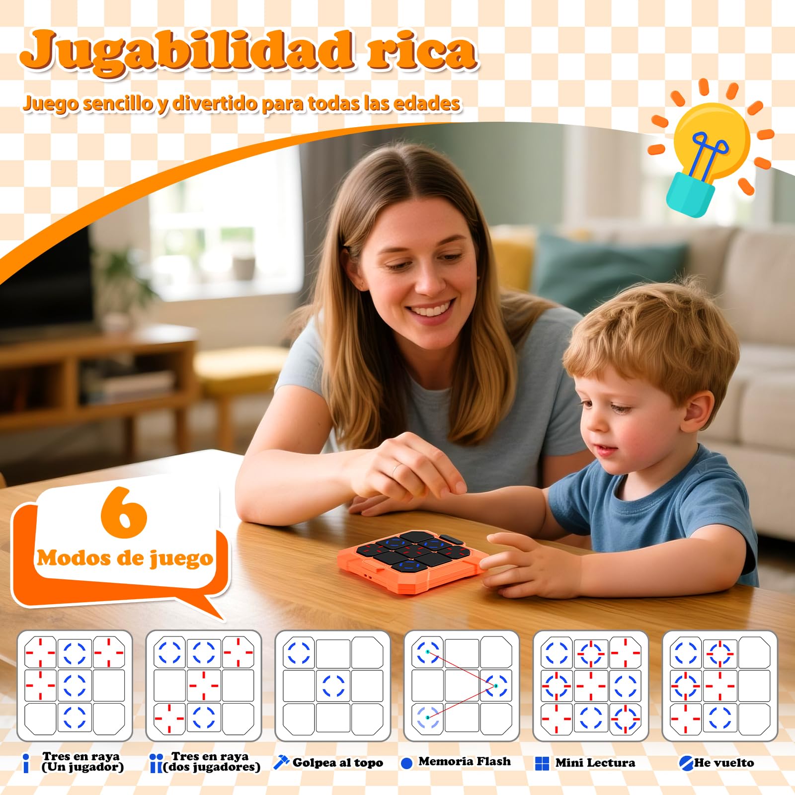 BlueSwan Tres en Raya Electrónico 6 en 1, Tic‑Tac‑Toe Juegos de Viaje, Consola de Bolsillo con Modo Silencioso y Batería Recargable, Desarrolla Lógica y Memoria, Regalo Ideal para Niños y Adultos (3+)
