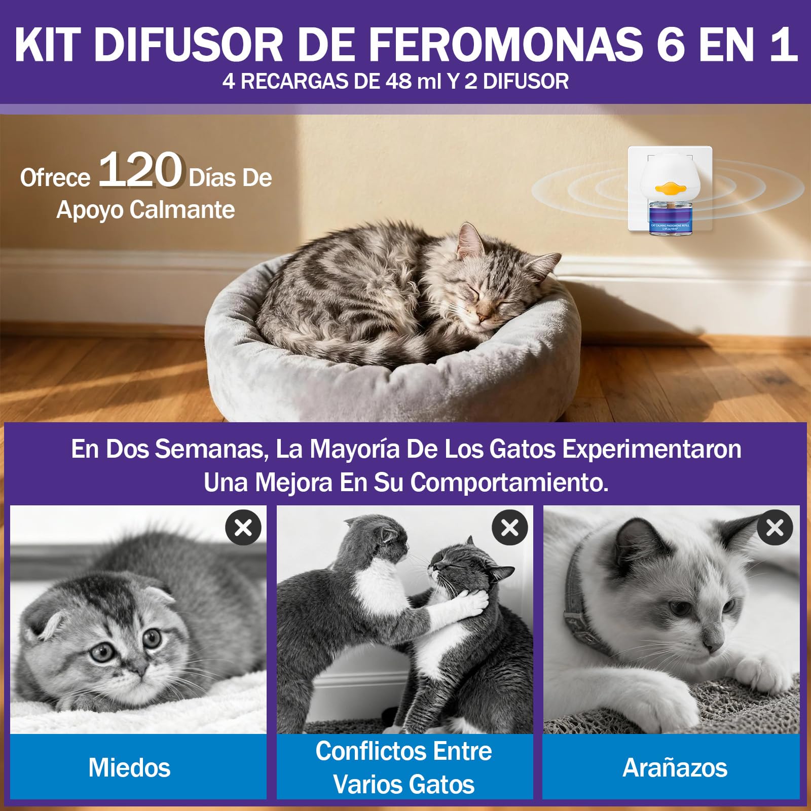 Difusor de Feromonas para Gatos - Enchufe Calmante para Relajación, Kit con 2 Difusores + 4 Recargas de 48ml - 4 Meses de Confort