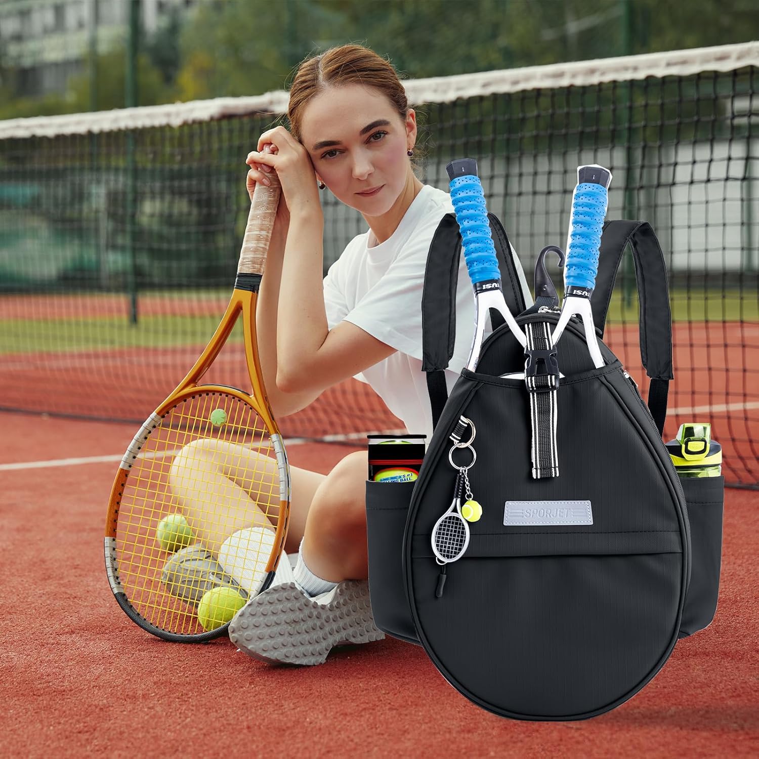 Tennis Backpack with 2 Rackets Holder, Water-Resistant PU Leather Tennis Racket Bag for Women & Men, Sling Crossbody Sports Backpack for Tennis, Pickleball & Badminton, Tennis Gifts