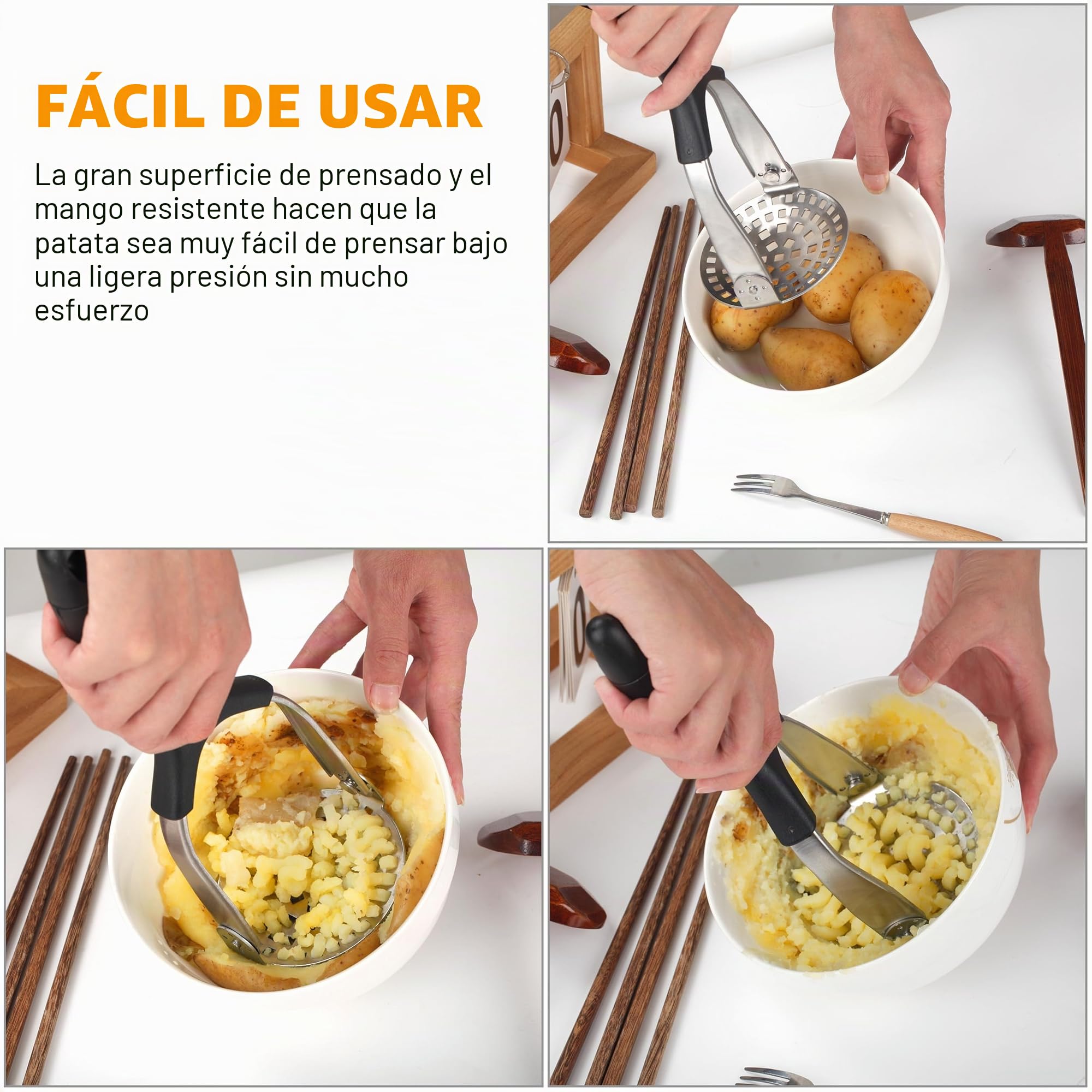 PUWUWYE Machacador de Patatas de Acero Inoxidable, Prensa Patatas con Mango Antideslizante,Máquina Trituradora de Patatas Manual,Pasapurés Triturador de Patatas para Hacer Puré de Verduras, Frutas