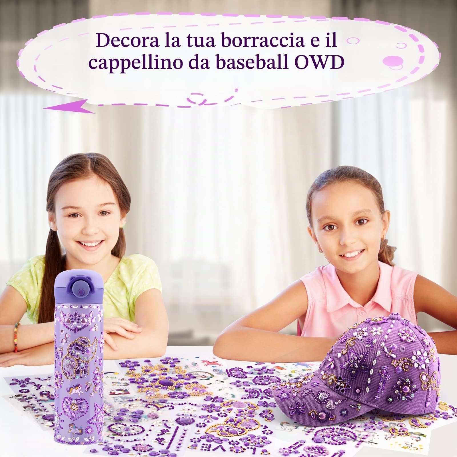 Regalo Bambina 4 5 6 7 8 9 10 11 Anni, Kit Borraccia e Berretto da Baseball Fai Da Te con Gemma e Unicorno Adesivi, Compleanno Regali per Ragazze DIY Bottiglia D'acqua e Cappellino da Baseball
