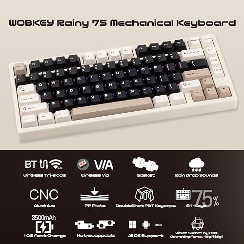 CutiePcs WOBKEY Rainy 75 Aluminum HMX Switch Mechanical Keyboard with Superior Acoustics, Wired, BT, 2.4G wireless Connectivity (Standard - White) - 4