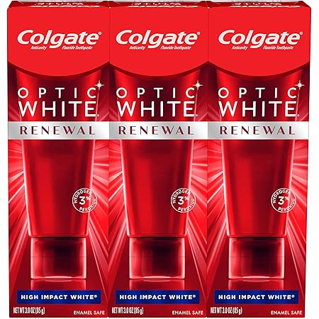 Colgate Optic White Renewal Teeth Whitening Toothpaste with Fluoride, 3% Hydrogen Peroxide, High Impact White - 3 Ounce (3 Pack)