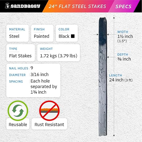 Miniatura 2 de Sandbaggy Estacas planas de acero para formas de hormigón con agujeros para clavos, 1.5 pulgadas de ancho, resistentes a la corrosión, extraíbles,