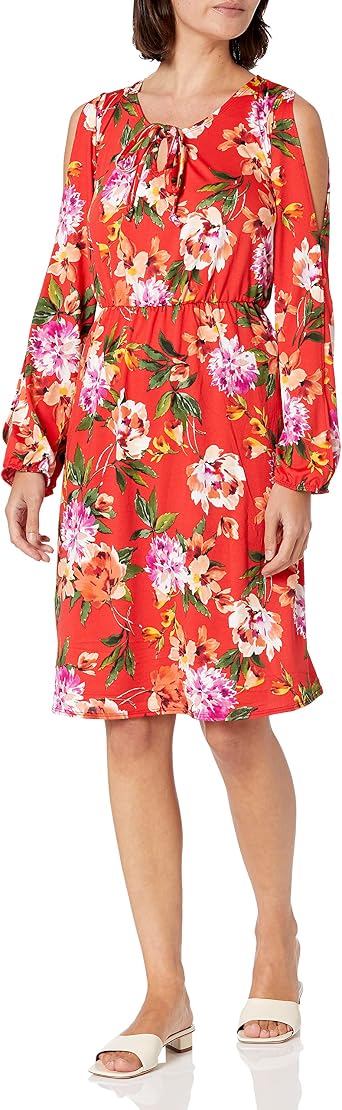Star Vixen Womens Womens Long Slit and Tacked Sleeve Elastic Waist Keyhole