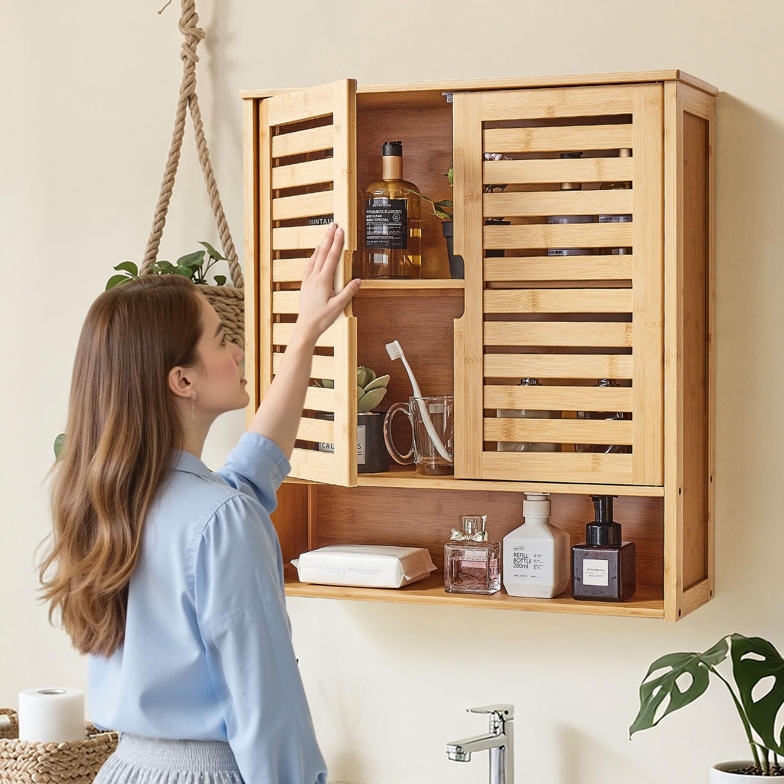 VEVOR Armario de Pared para Baño con 2 Puertas y Estantes Ajustables, Ideal para Colocar sobre el Inodoro, con Compartimento Abierto para Cocina y Baño, Fácil de Instalar, 590 x 210 x 666 mm