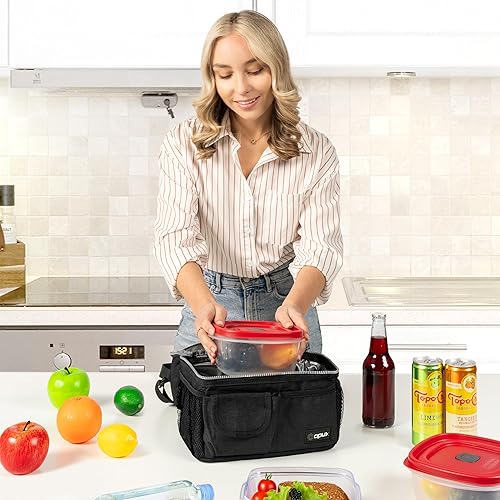 Miniatura 4 de Opux - Bolsa de almuerzo aislada de doble compartimento para hombres y mujeres Bolsa de almuerzo reutilizable con correa para el hombro, forro