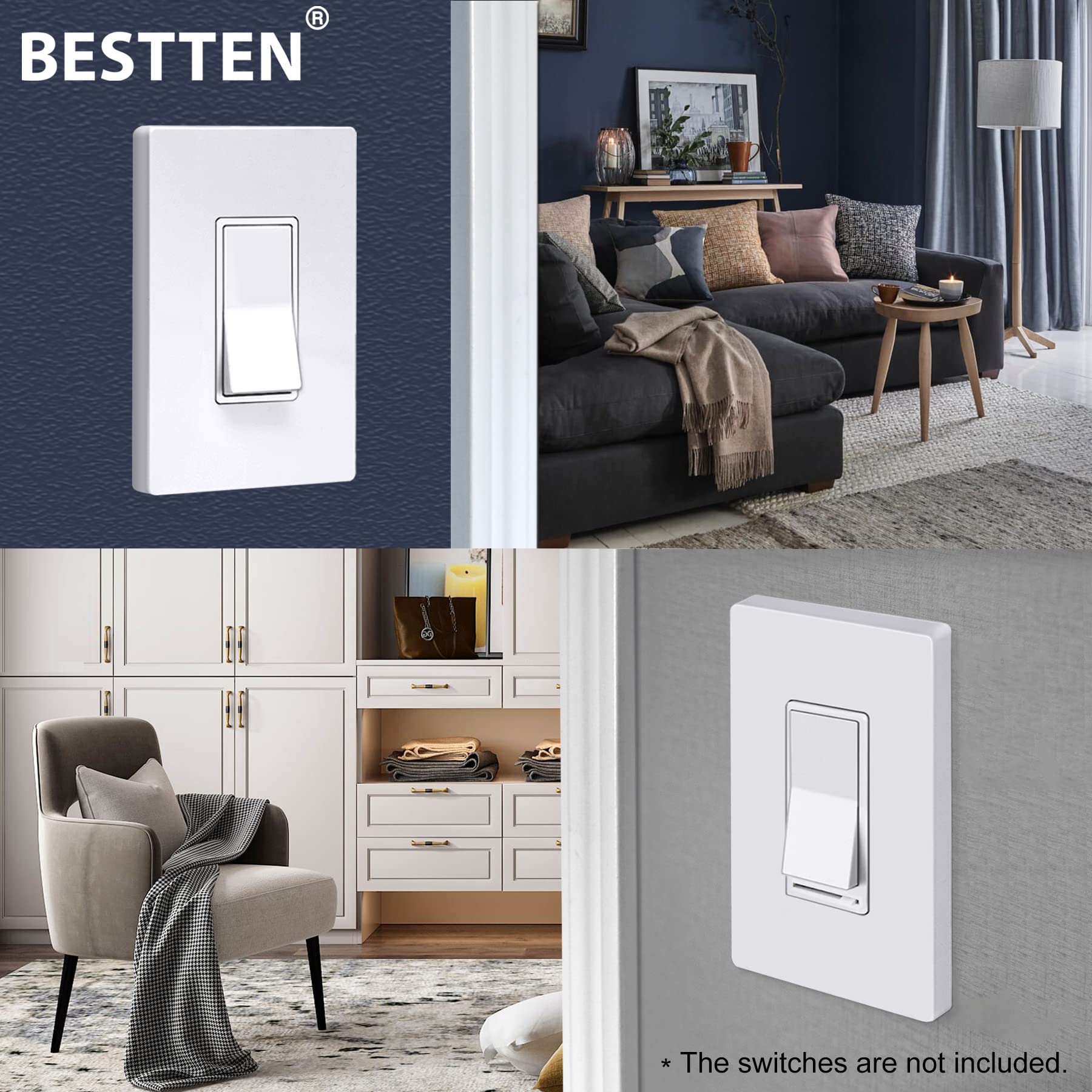 [40 Pack] BESTTEN 1-Gang Modern Designer Mid Size Screwless Wall Plate, USWP6 Snow White Series, Unbreakable Midway Outlet Cover, Impact Resistant Switch Plate, H4.88â€? x W3.11"