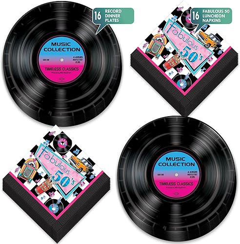 Miniatura 2 de HOME & HOOPLA Suministros para fiestas de los años 50, fabulosos platos de papel de los años cincuenta y servilletas de almuerzo (16 platos y