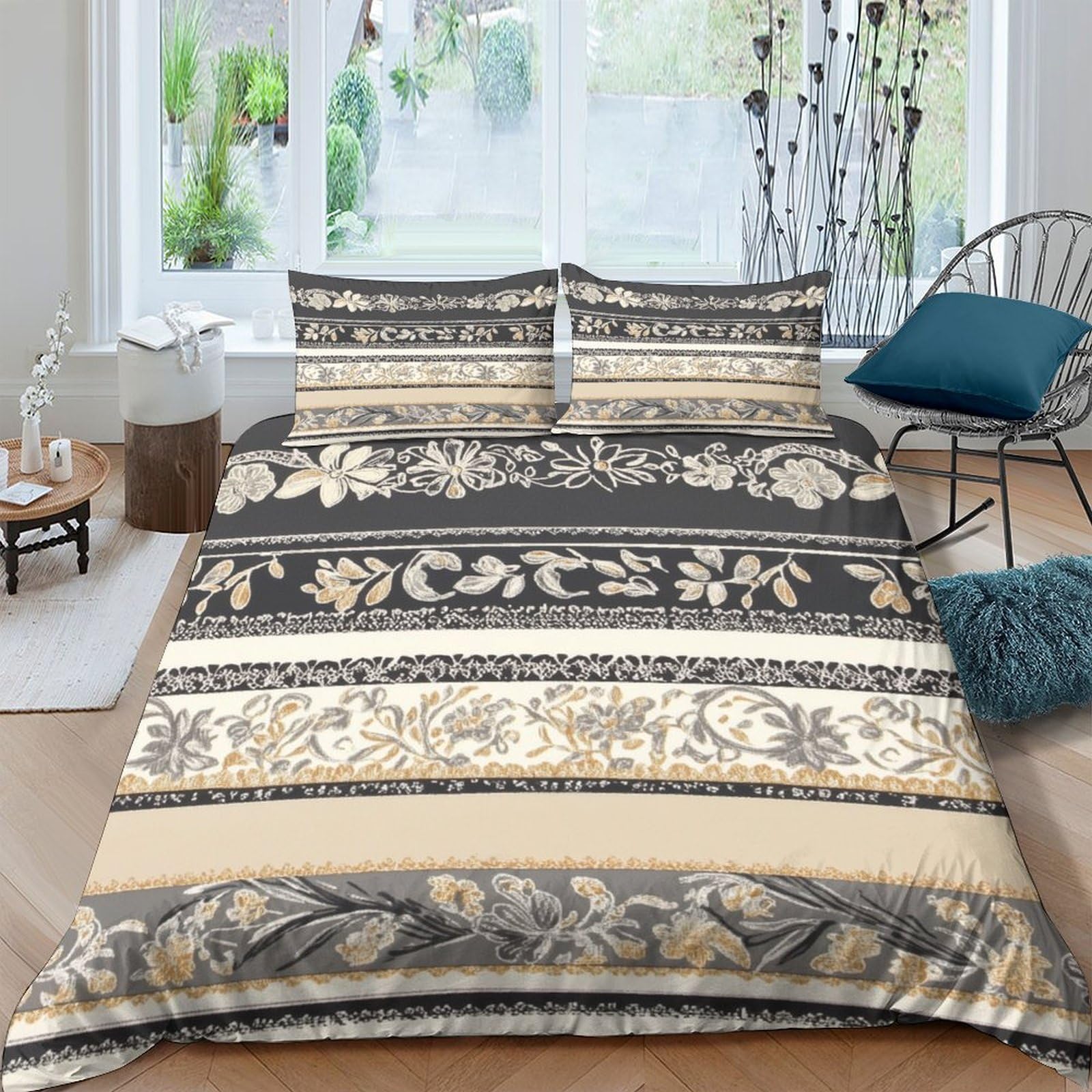 Ctjqhvkz Style-1 3D Printed Vintage Floral Fitted Sheet Microfiber Soft Breathable Baroque Stripe Bed Cover For Bedroom Dorm Decor Single（135X200cm）