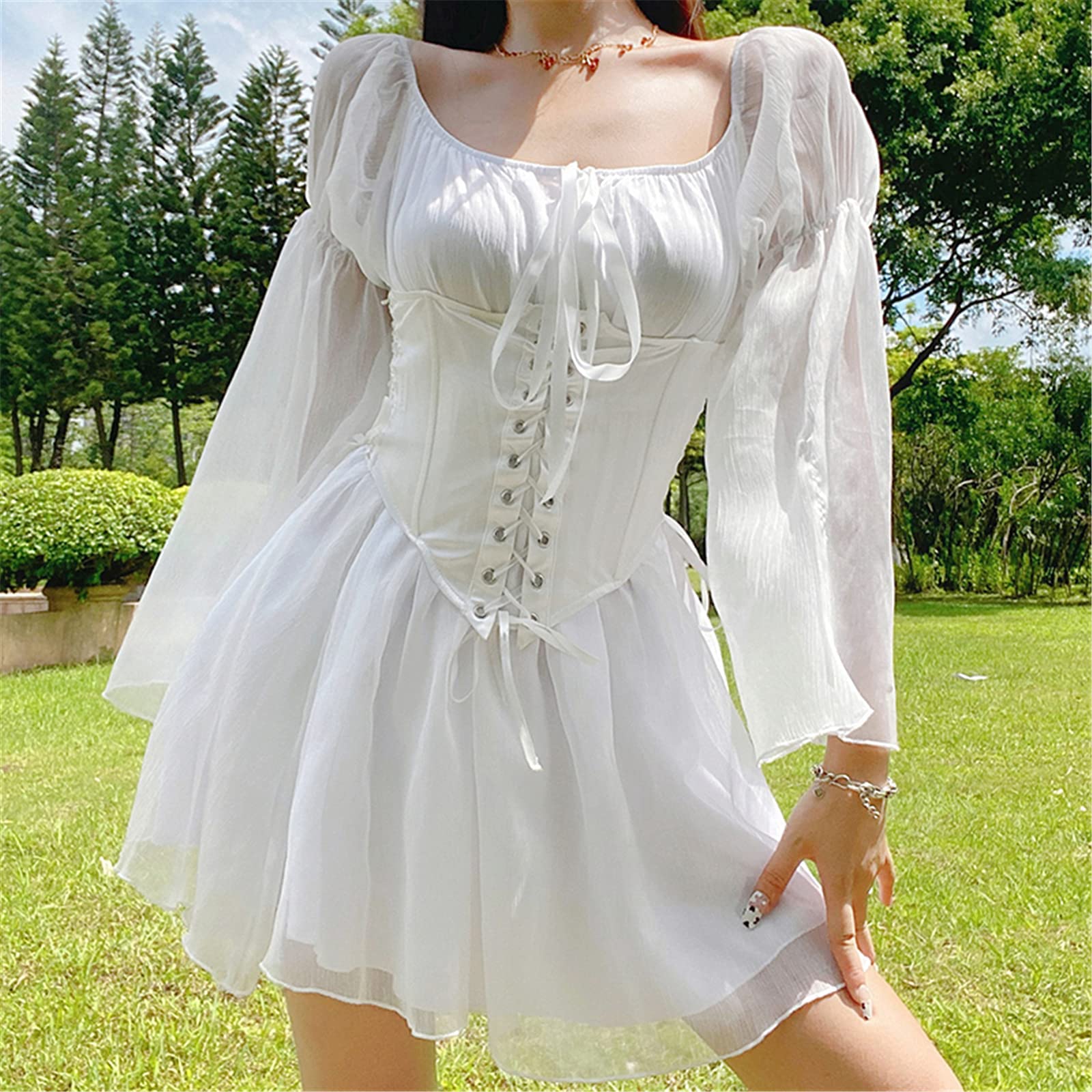 VnimVinter Women Off Shoulder Mesh Mini Dress Long Puff Sleeve Bell Sleeve A-line Swing Mini Dress: Small #2-white Corset