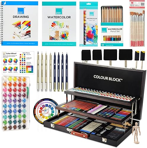 COLOUR BLOCK Paquete de 289 piezas de arte de medios mixtos, suministros de arte de caja de madera, pinturas de acuarela, bolígrafos de caligrafía,