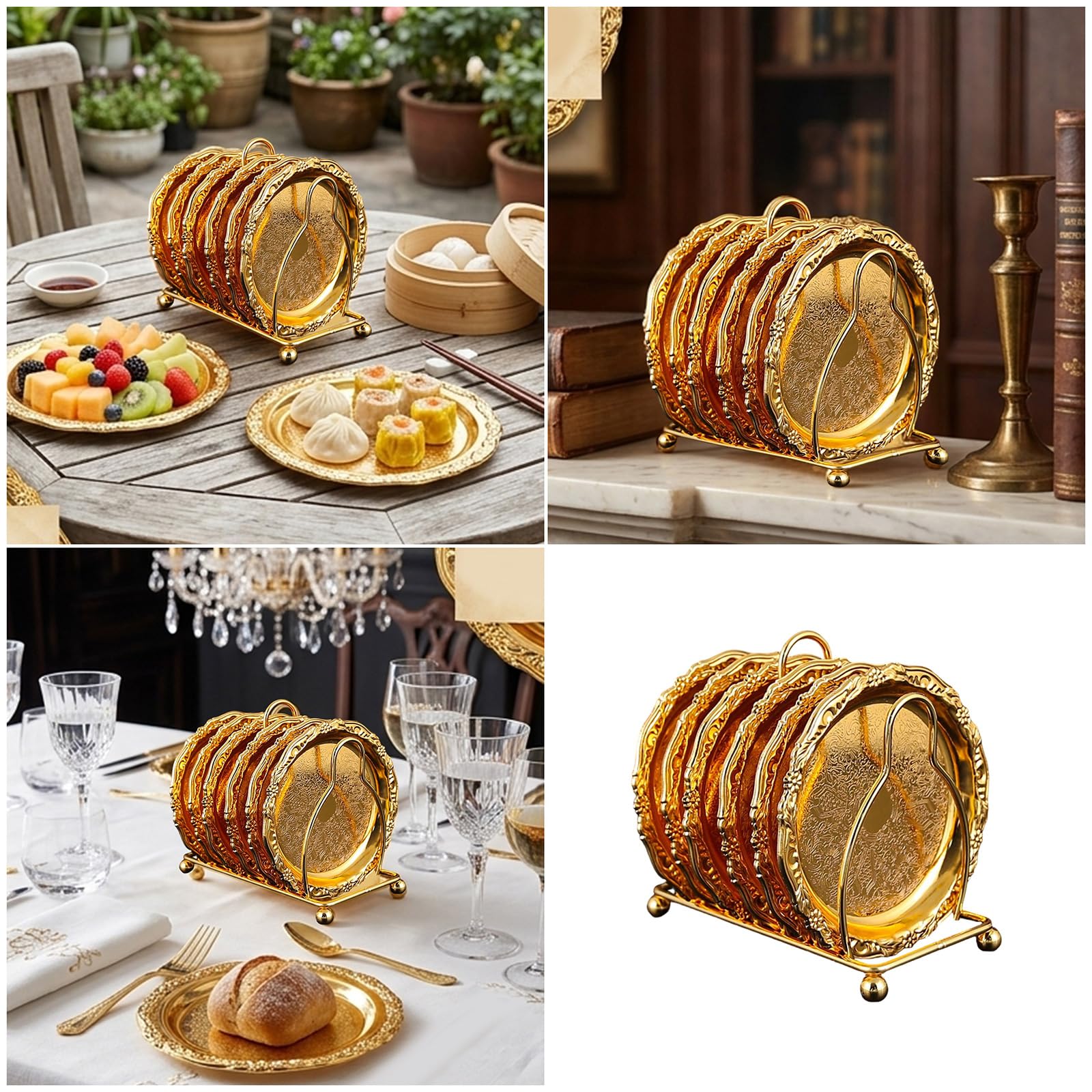 Juego de 6 elegantes platos de postre de aleación con soporte para frutas, aperitivos y bebidas de café, juego de platos de té de la tarde con bandeja para servir