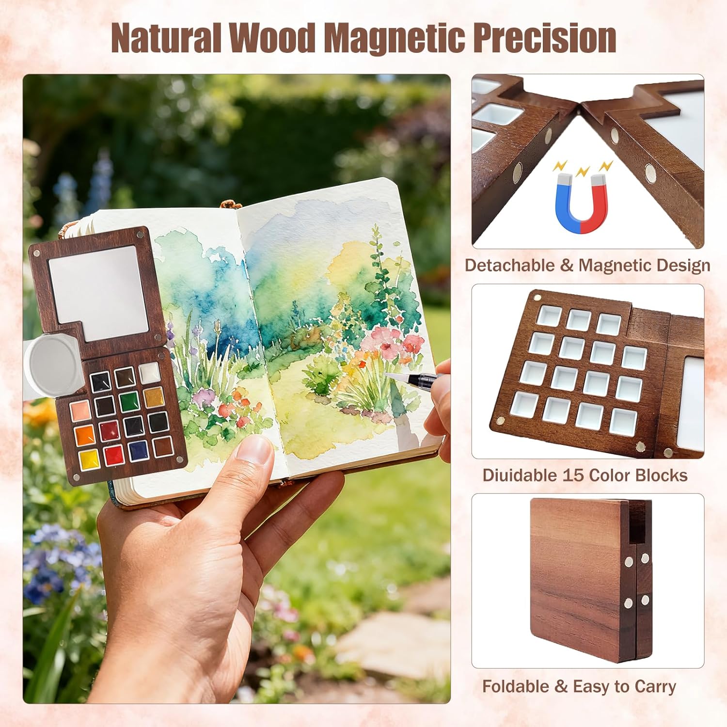 Mini Watercolor Travel Set,Portable Watercolor Kit,15 Grids Portable Wooden Paint Palette with Bag,12 Paint, 4 Brush, Cleaner Cup,2 Sketchbooks Magnetic Clip,Watercolor for Painters,Beginners,Artists - Image 4